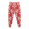 Red And White Damask Pattern Print Jogger Pants
