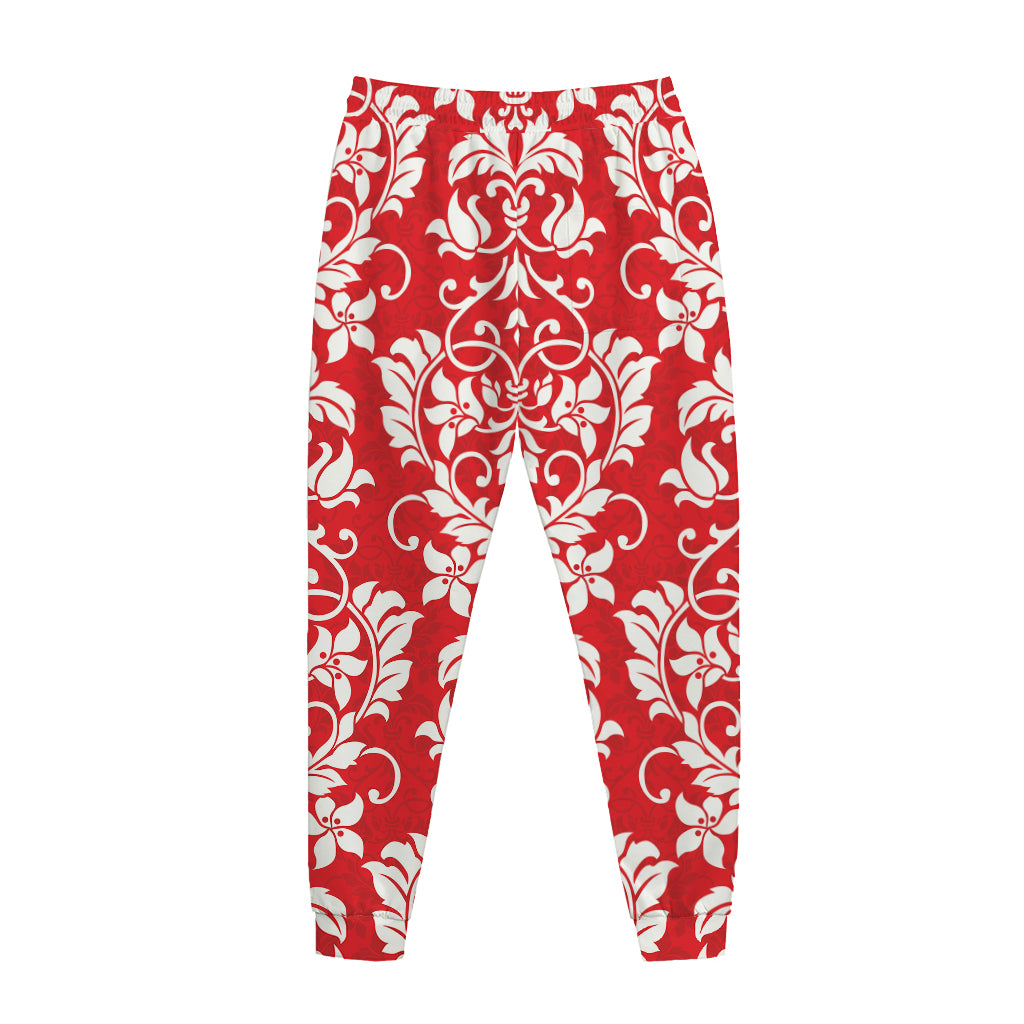 Red And White Damask Pattern Print Jogger Pants