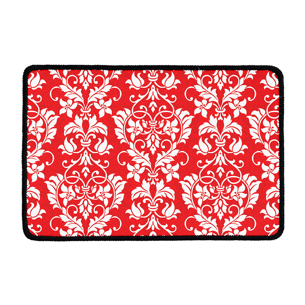 Red And White Damask Pattern Print Kitchen Mat