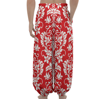 Red And White Damask Pattern Print Lantern Pants