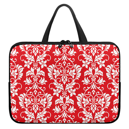 Red And White Damask Pattern Print Laptop Sleeve With Handle
