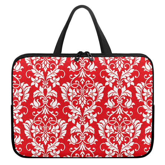 Red And White Damask Pattern Print Laptop Sleeve With Handle