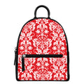 Red And White Damask Pattern Print Leather Backpack
