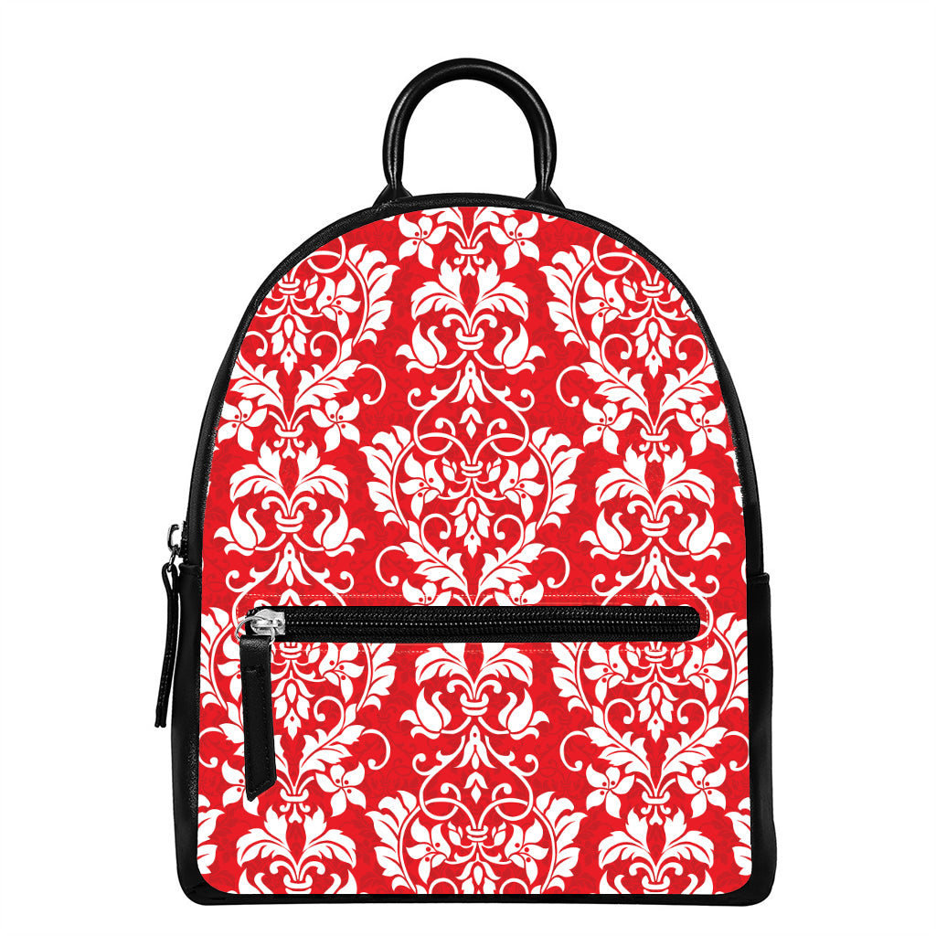 Red And White Damask Pattern Print Leather Backpack
