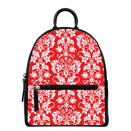 Red And White Damask Pattern Print Leather Backpack