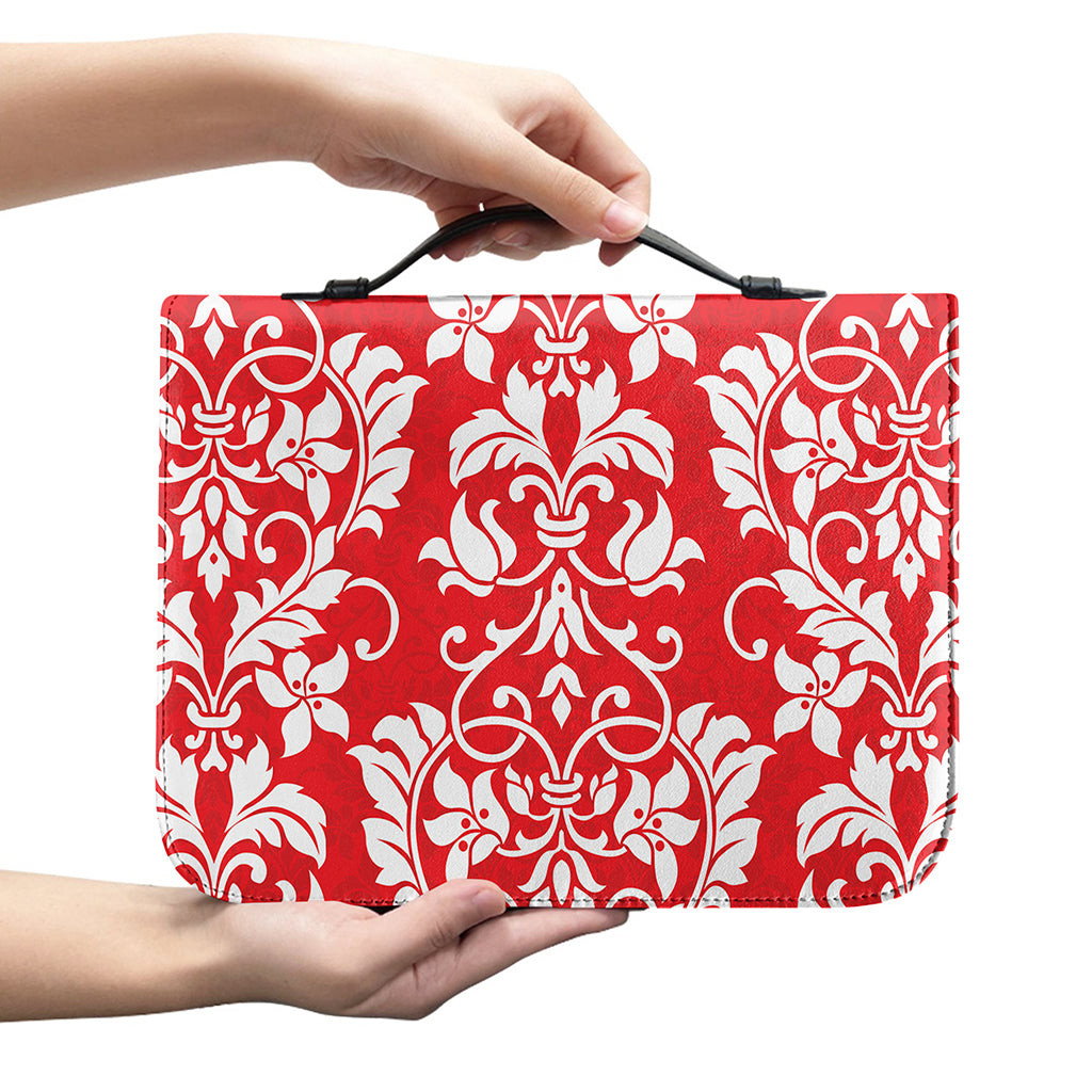 Red And White Damask Pattern Print Leather Bible Cover