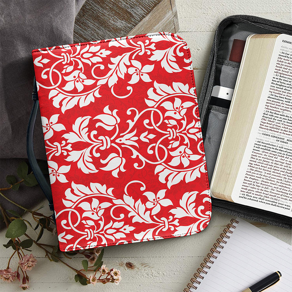 Red And White Damask Pattern Print Leather Bible Cover