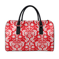 Red And White Damask Pattern Print Leather Duffel Bag