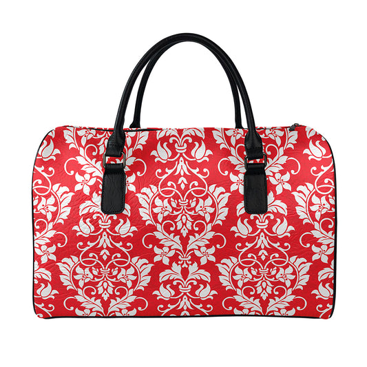 Red And White Damask Pattern Print Leather Duffle Bag