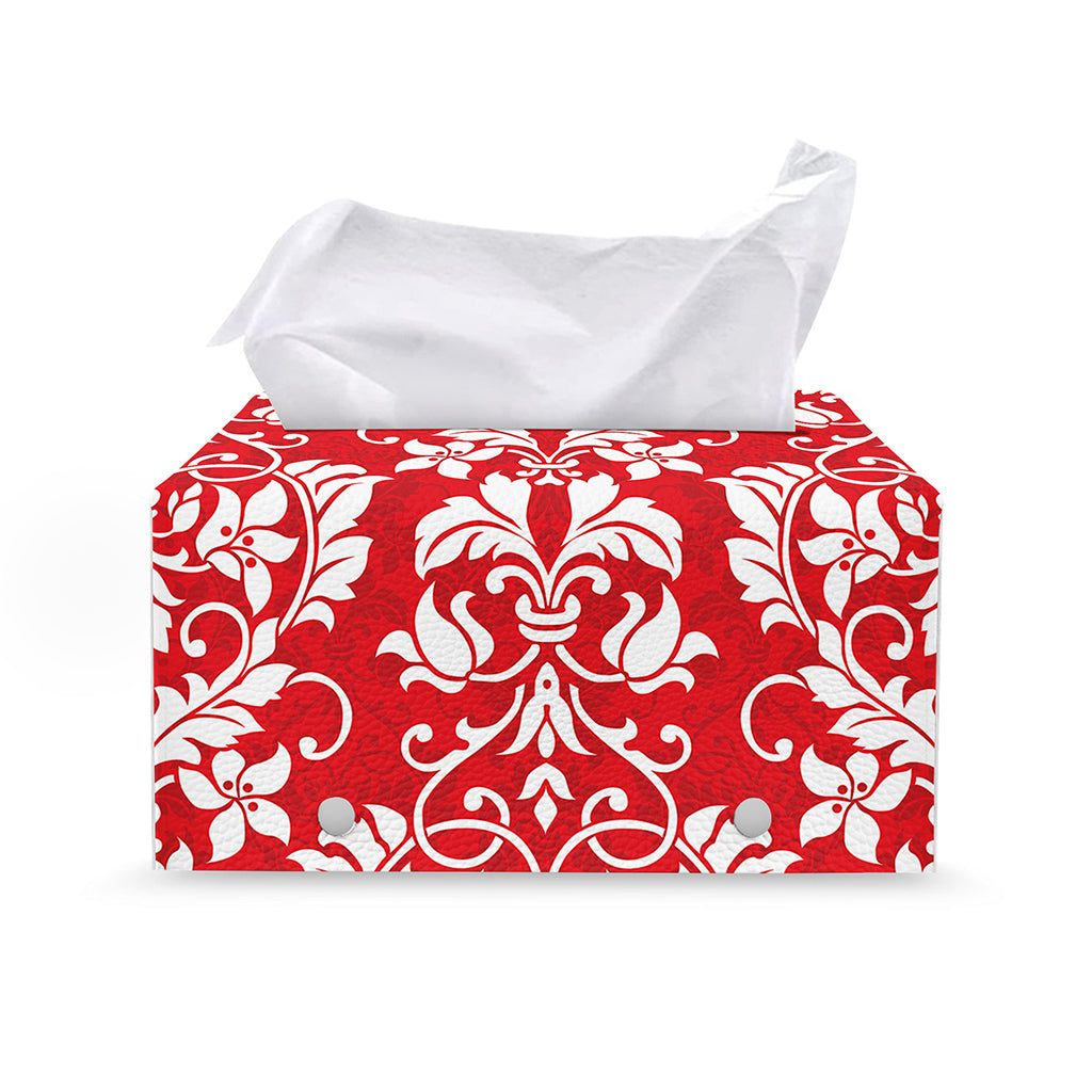 Red And White Damask Pattern Print Leather Tissue Box Cover