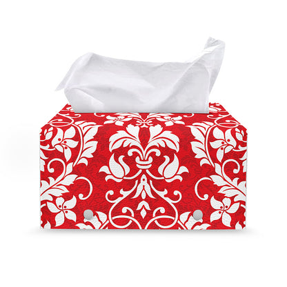 Red And White Damask Pattern Print Leather Tissue Box Cover