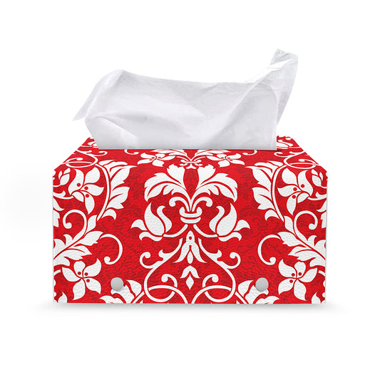 Red And White Damask Pattern Print Leather Tissue Box Cover