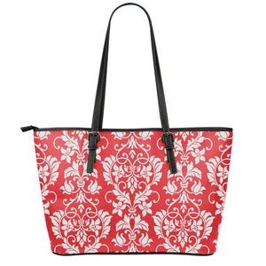 Red And White Damask Pattern Print Leather Tote Bag