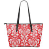 Red And White Damask Pattern Print Leather Tote Bag