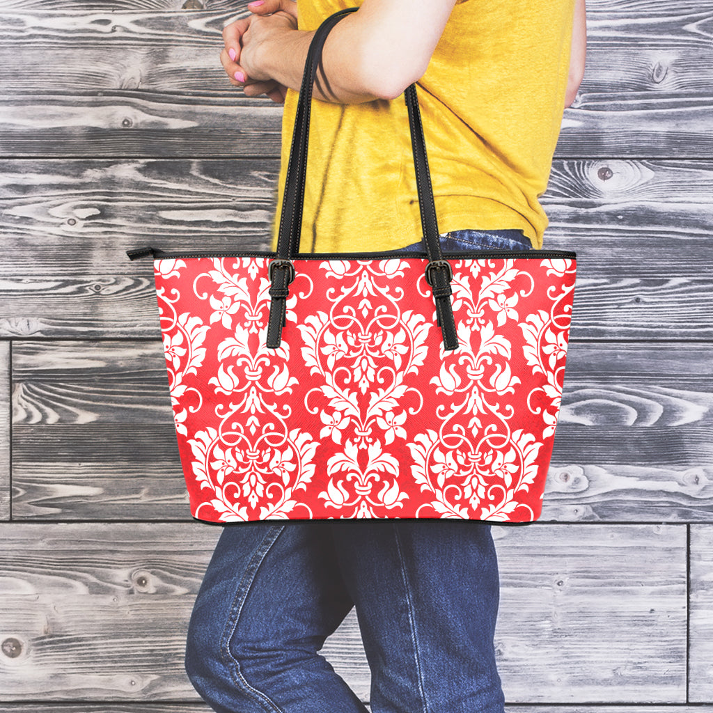 Red And White Damask Pattern Print Leather Tote Bag