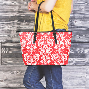 Red And White Damask Pattern Print Leather Tote Bag