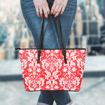 Red And White Damask Pattern Print Leather Tote Bag