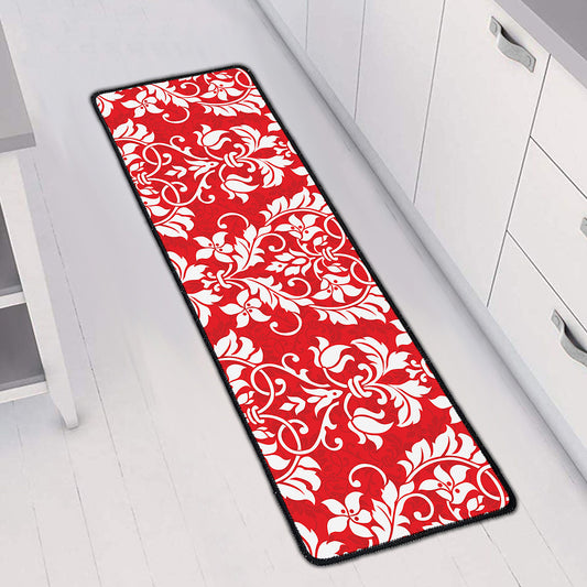 Red And White Damask Pattern Print Long Kitchen Mat