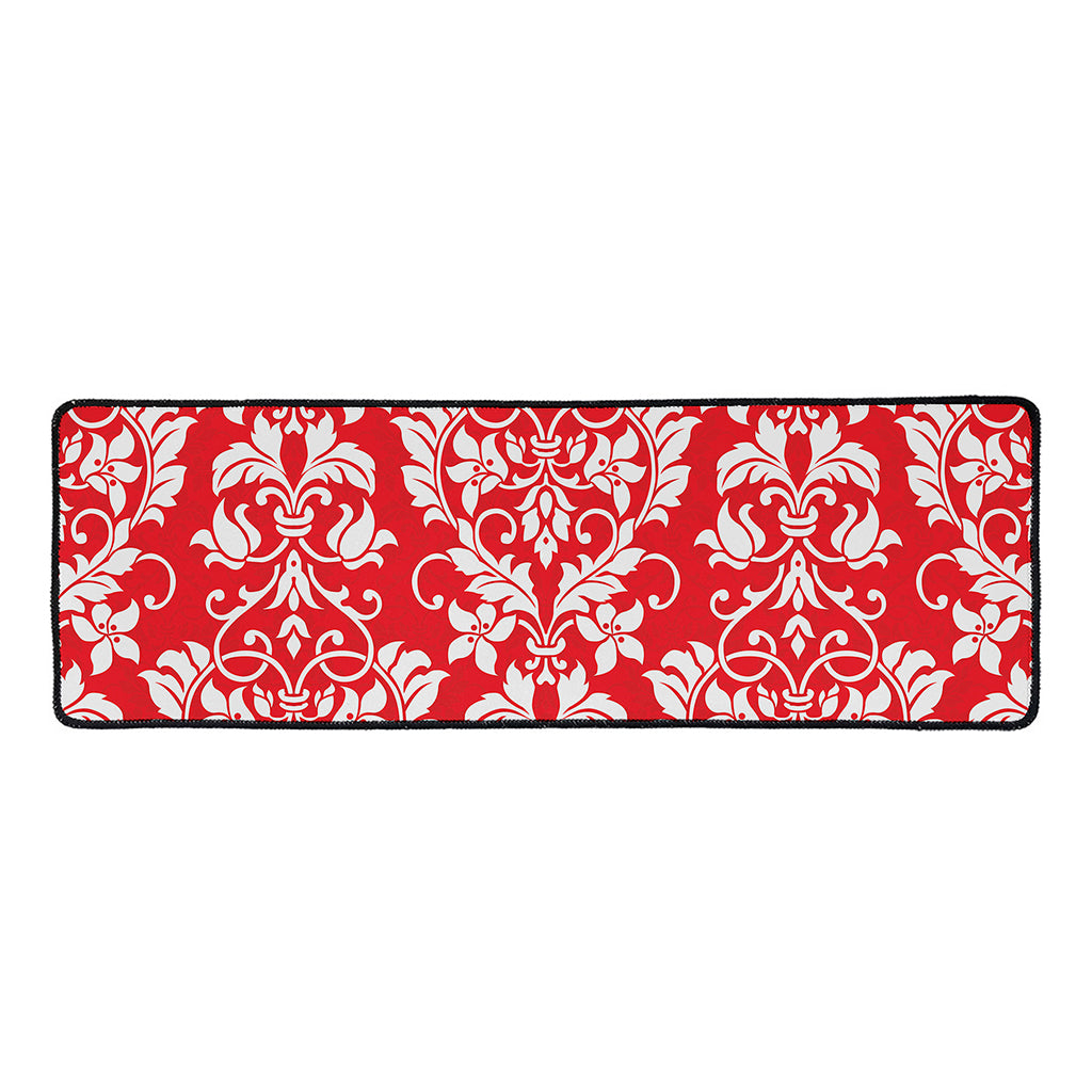 Red And White Damask Pattern Print Long Kitchen Mat
