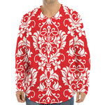 Red And White Damask Pattern Print Long Sleeve Baseball Jersey