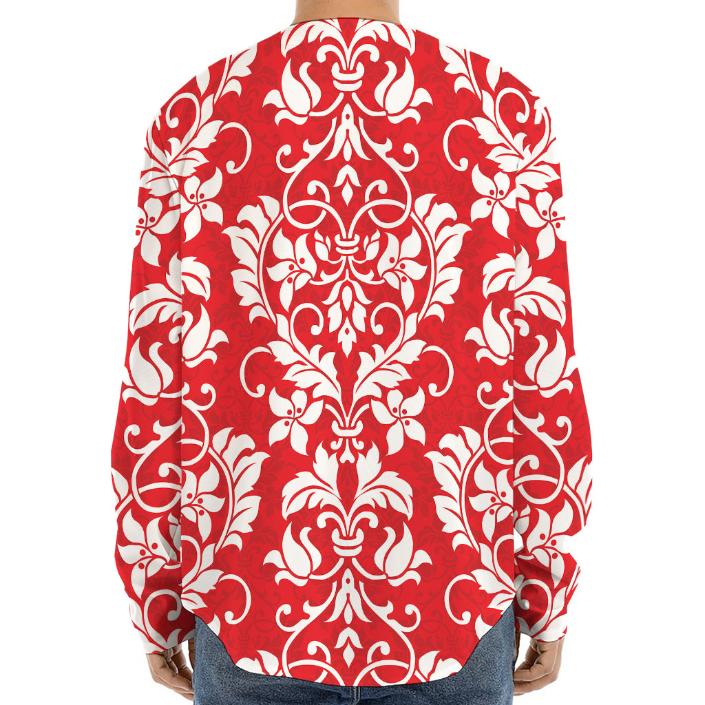 Red And White Damask Pattern Print Long Sleeve Baseball Jersey