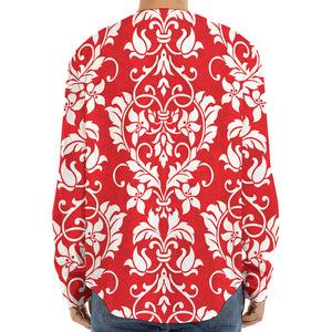 Red And White Damask Pattern Print Long Sleeve Baseball Jersey