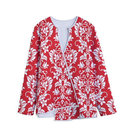 Red And White Damask Pattern Print Long Sleeve Short Coat