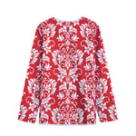 Red And White Damask Pattern Print Long Sleeve Short Coat