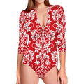 Red And White Damask Pattern Print Long Sleeve Swimsuit