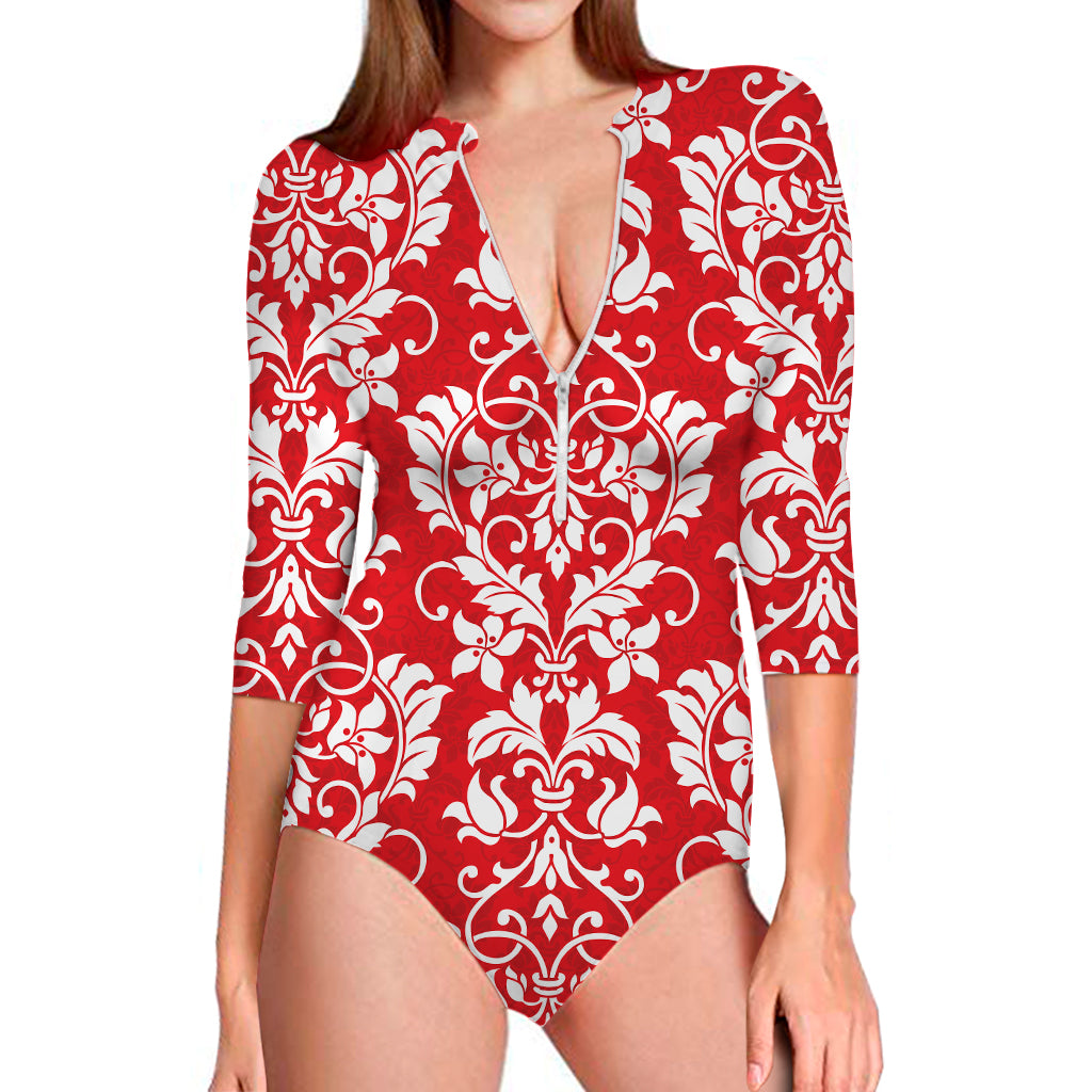 Red And White Damask Pattern Print Long Sleeve Swimsuit