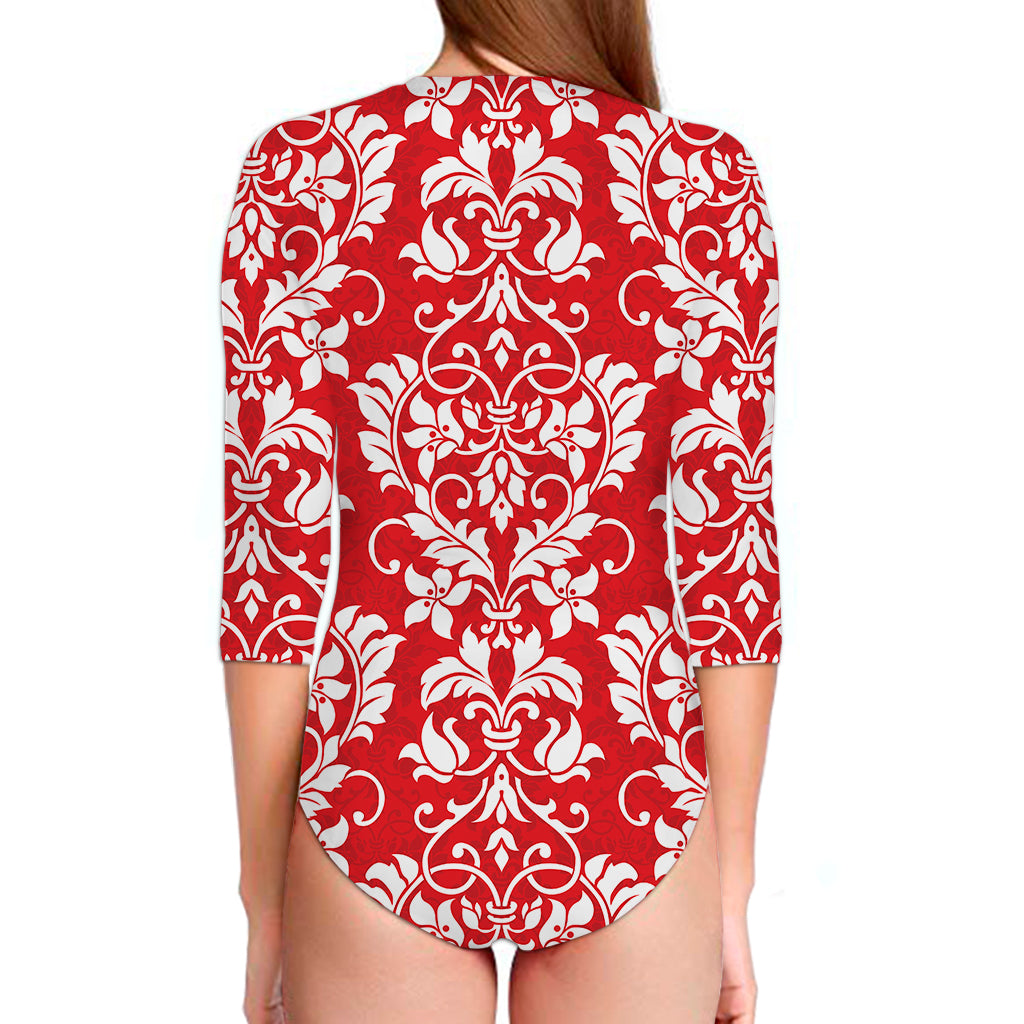 Red And White Damask Pattern Print Long Sleeve Swimsuit
