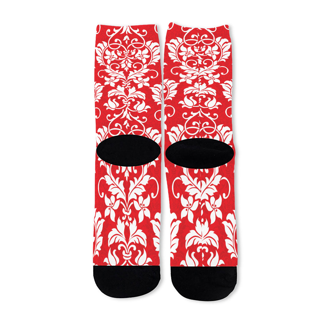 Red And White Damask Pattern Print Long Socks