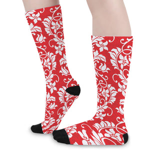 Red And White Damask Pattern Print Long Socks