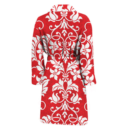 Red And White Damask Pattern Print Men's Bathrobe