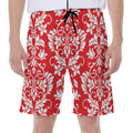 Red And White Damask Pattern Print Men's Beach Shorts
