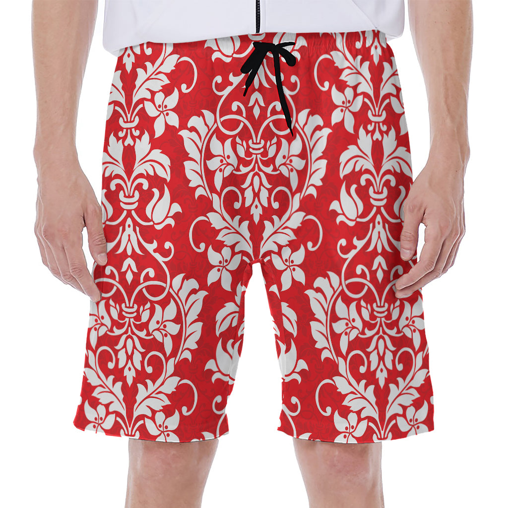 Red And White Damask Pattern Print Men's Beach Shorts