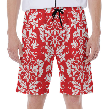 Red And White Damask Pattern Print Men's Beach Shorts