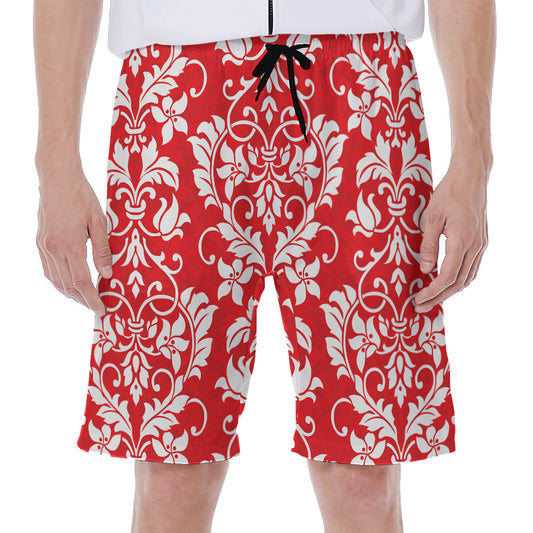Red And White Damask Pattern Print Men's Beach Shorts