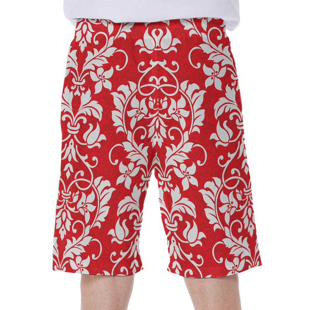 Red And White Damask Pattern Print Men's Beach Shorts