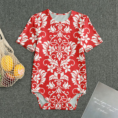 Red And White Damask Pattern Print Men's Bodysuit