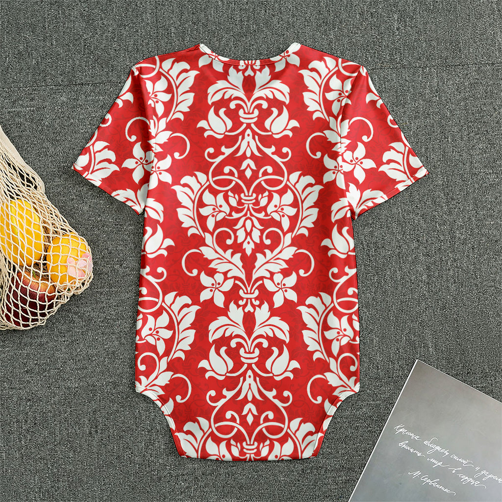 Red And White Damask Pattern Print Men's Bodysuit