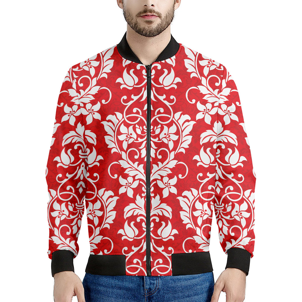 Red And White Damask Pattern Print Men's Bomber Jacket