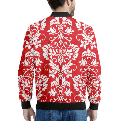 Red And White Damask Pattern Print Men's Bomber Jacket