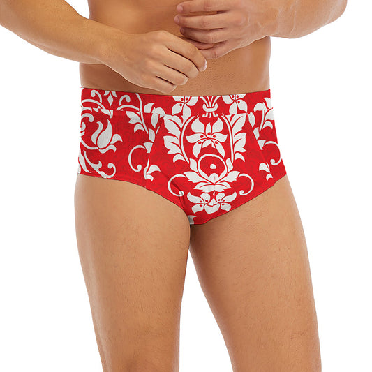 Red And White Damask Pattern Print Men's Briefs