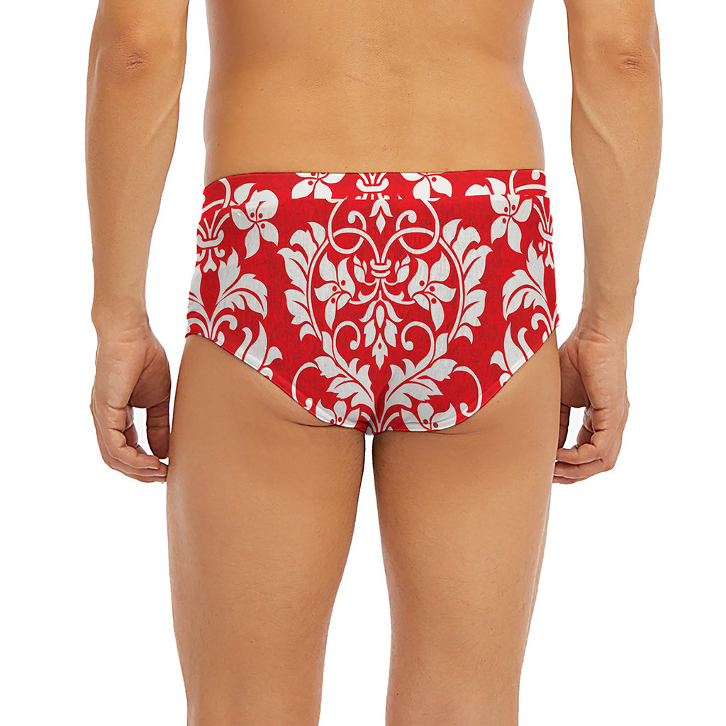 Red And White Damask Pattern Print Men's Briefs