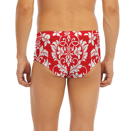 Red And White Damask Pattern Print Men's Briefs