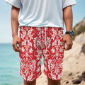 Red And White Damask Pattern Print Men's Cargo Shorts