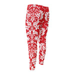 Red And White Damask Pattern Print Men's Compression Pants