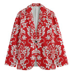 Red And White Damask Pattern Print Men's Cotton Blazer