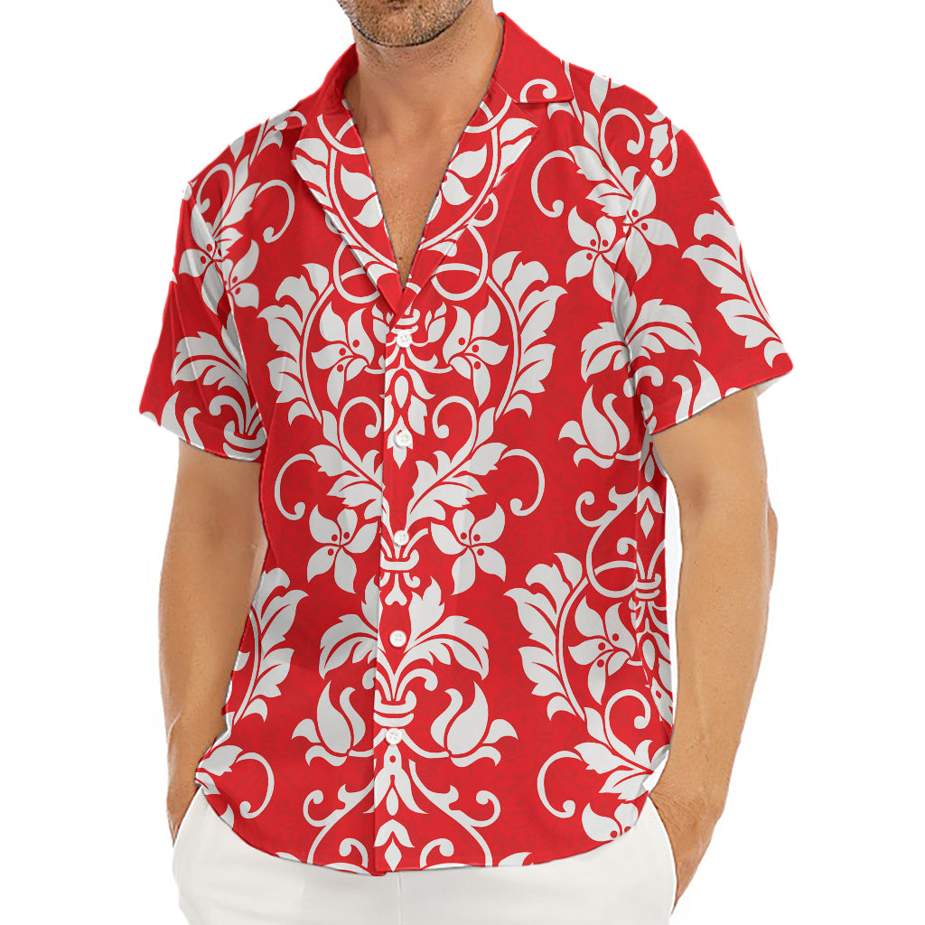 Red And White Damask Pattern Print Men's Deep V-Neck Shirt